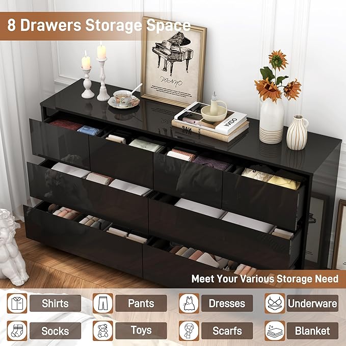 Black Malm Dresser for Bedroom, 63 Inch Full High Gloss Dresser with 8 Drawers, Modern Large Wood Chest of Drawer Handle Free, Living Room, Entryway, Hallway, Black