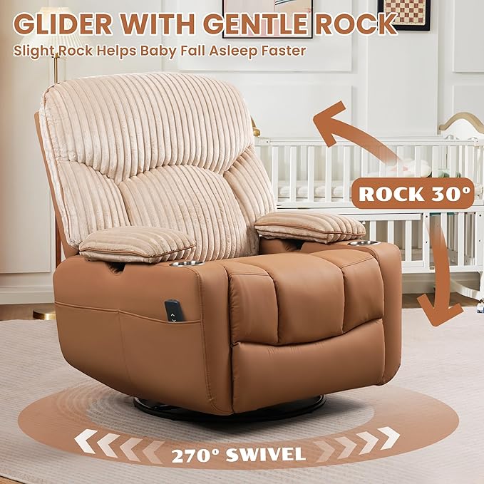 SUNWAVE Power Nursery Rocking Chair with Adjustable Armrests, Nursing Chair with USB, Cup Holders & Blanket, Swivel Rocker Recliner with Corduroy and PU Leather Mixed Fabric (Brown)