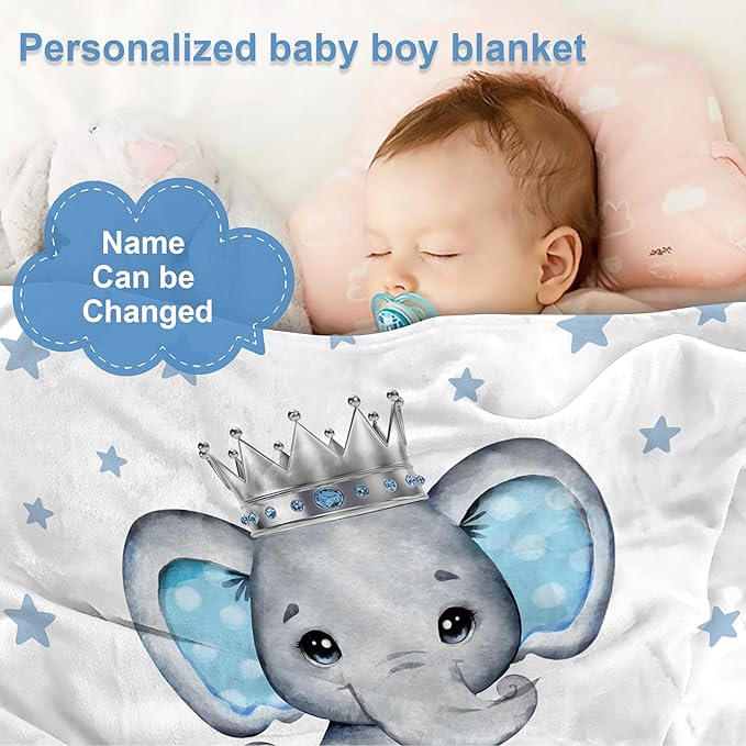 J&SBGFT Personalized Baby Blanket for Boys,Custom with Name, Customized Name Receiving Blankets Toddlers Kids Nursery Stroller Crib Decor Throw 30/''x40/'',Color9, 09-blue Elephant King