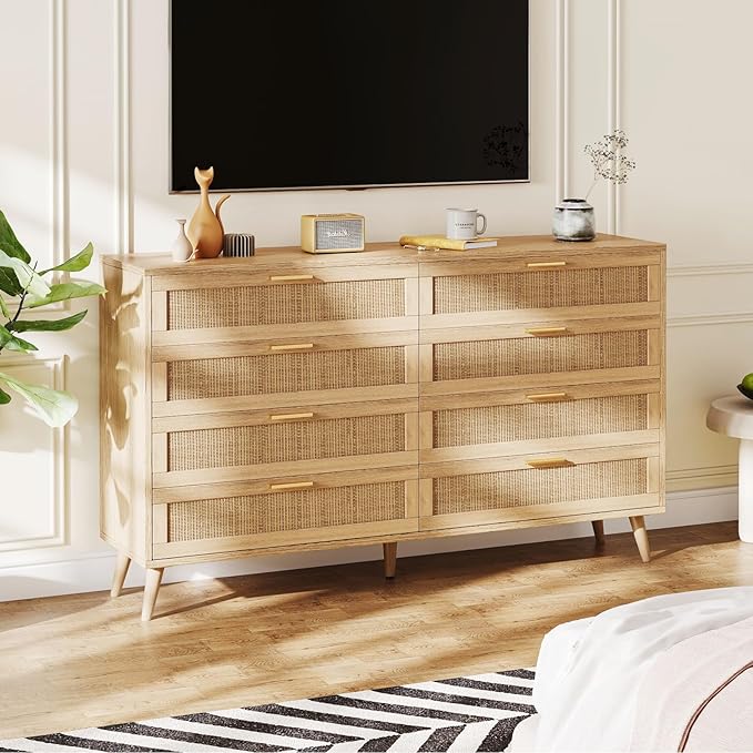 Rovaurx 8 Drawer Double Dresser for Bedroom, Rattan Chest of Dressers, Modern Wooden Dresser Chest with Golden Handles, Beside Table for Closet, Living Room and Entryway, Natural