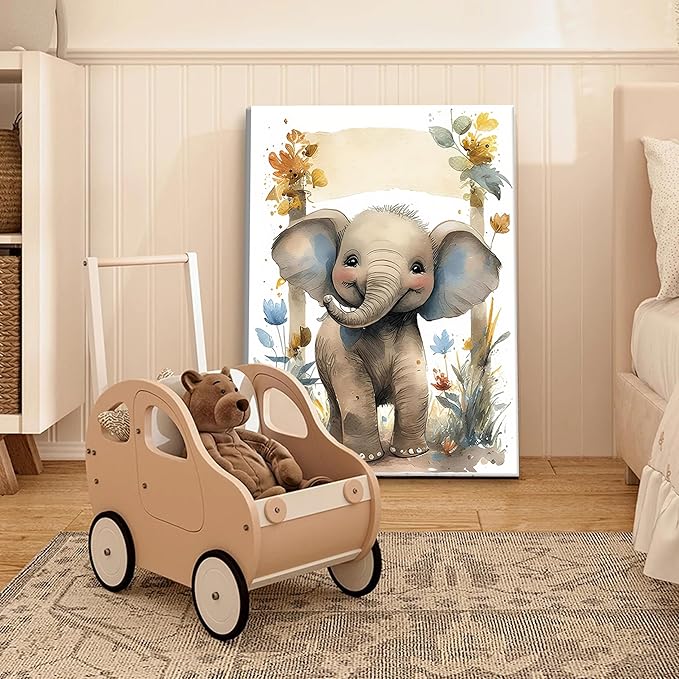 Woodland Animal Wall Art Set of 3, Wild Animals Nursery Picture Wall Decor Canvas, Cute Giraffe Elephant Zebra Watercolor Poster Print Artwork for Boys Girls Room Decoration – 12x16 inch