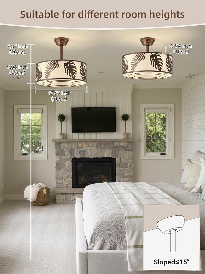 20" Farmhouse Rustic Caged Ceiling Fan with Light, Brown Fandelier Ceiling Fan with Light, Brown Bladeless Caged Fandelier for Bedroom, Nursery, Living Room