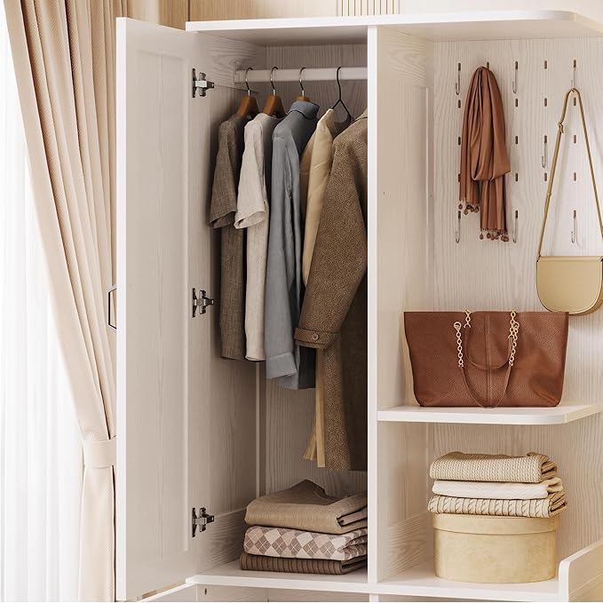 LIKIMIO Armoire Wardrobe Closet, 70" H Wooden Bedroom Armoire with Mirror, 2 Cabinet, Pegboard and a Open Shelf, Large Freestanding Clothing Storage Cabinet with 3 Doors, White