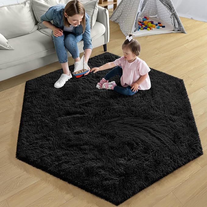 EVOIONOS Black Hexagon Rug, Fluffy Area for Bedroom, 5.2x6 Feet Shag Cute Carpet for Kids Girls Room, Fuzzy Plush Ultra Soft Cozy Non Slip for Indoor Floor, Shaggy Furry Faux Fur