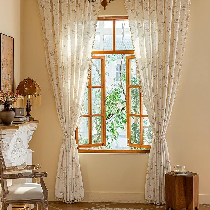 OYX Purple Boho Floral Curtains 96 Inch Length 2 Panels for Living Room, Bedroom Light Filtering Drapes, Farmhouse Country French Rustic Tassels Patterned Rod Pocket Aesthetic Decor Window Treatments