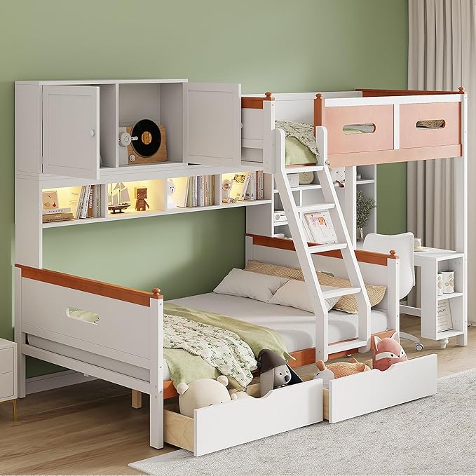 Twin Over Full Bunk Bed with Desk and Drawers, Wooden Bunk Bed with Shelves and Cabinet for Kids Teens Adult Bedroom, Space Saving Design
