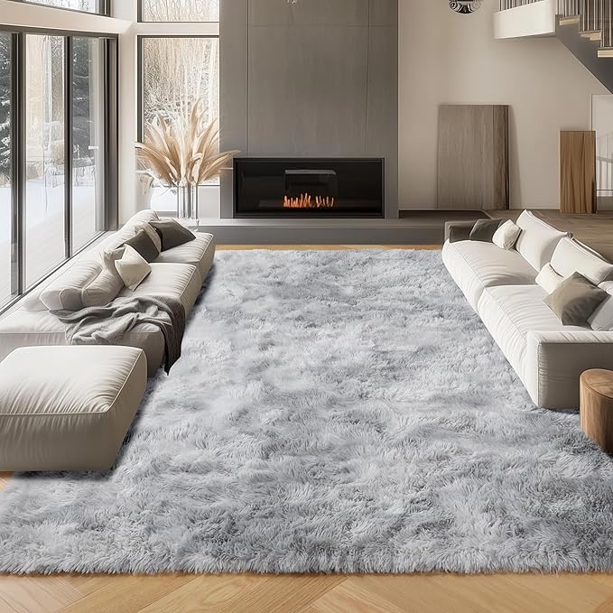 ONASAR 8x10 Area Rugs for Living Room, Tie-Dyed Light Grey Large Fluffy Shag Bedroom Rug, Washable Soft Plush Thick Shaggy Big Floor Carpet for Kids Boy and Girls Teen Dorm Nursery Indoor Home Decor