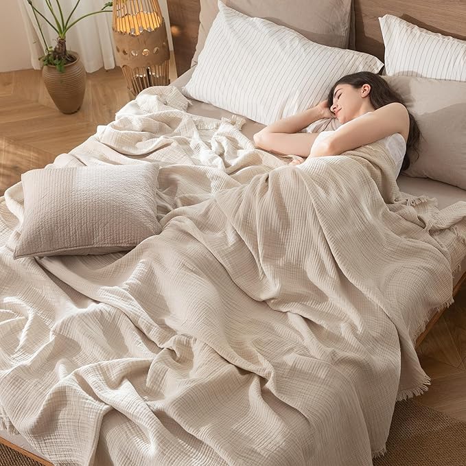MooMee Muslin Blanket - 100% Cotton 4-Layer Gauze Throw Blanket with All-Around Fringe, Ultra-Soft Breathable Lightweight Cooling Decorative for Bed, Sofa & Couch (Cream Grey,Throw 60" x 50")