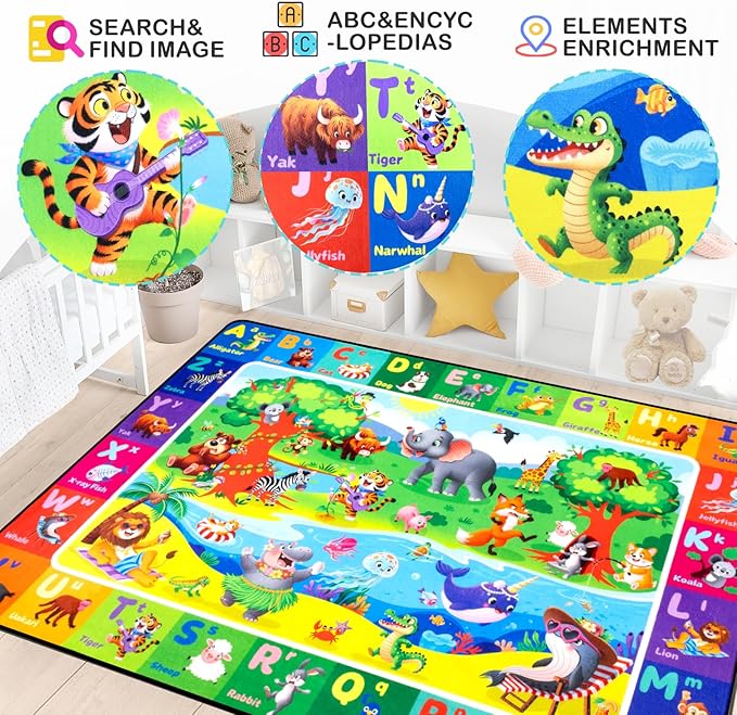 ABC Kids Rugs for Playroom 5x7FT Non-Slip Play Carpet Baby Play Mat for Floor Washable Alphabet Nursery Preschool Daycare Classroom Carpet