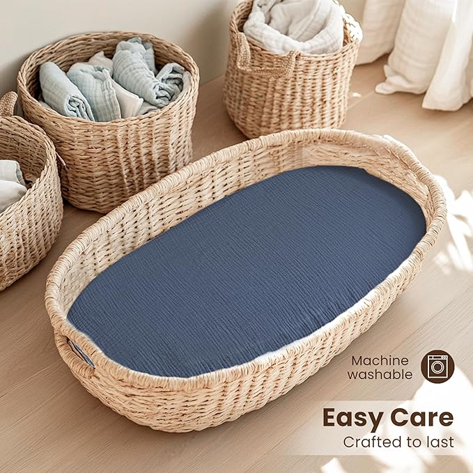 Konssy 2 Pack Muslin Bassinet Sheets for Baby Boy, 100% Cotton Soft Breathable Bassinet Mattress Sheets Fit for Hourglass Oval Cradle Rectangle Mattress (Navy,Cream)