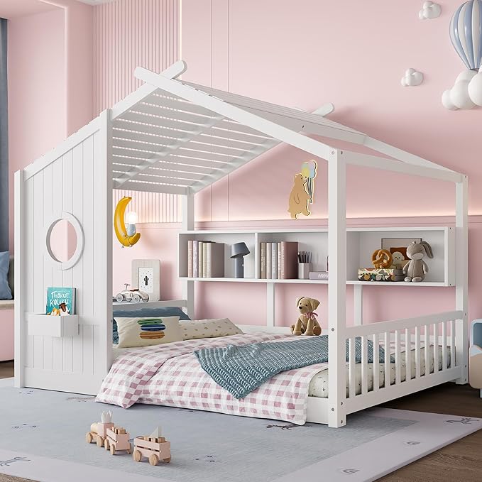 Full Size Wooden Floor House Bed with Storage Shelf, Modern Design Kids Bed Frame with Roof and Window for Bedroom, Wood Slat Support, No Box Spring Needed, Easy Assembly (White)
