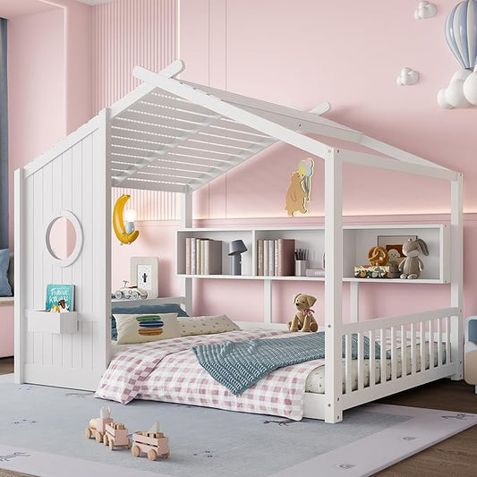 Full Size Wooden Floor House Bed with Storage Shelf, Modern Design Kids Bed Frame with Roof and Window for Bedroom, Wood Slat Support, No Box Spring Needed, Easy Assembly (White)