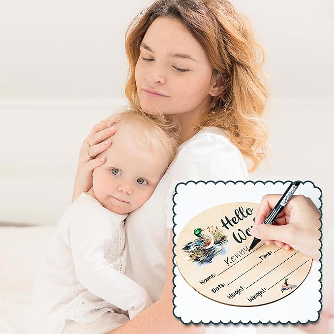 R HORSE Baby Birth Announcement Sign with Marker Pen, Mallard Duck Baby Name Sign with Ink Pad for Hand and Footprints, Wooden Hello World Newborn Announcement Nursery Decor Keepsake Gifts