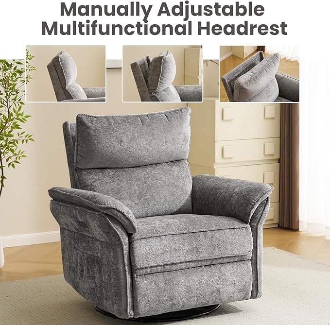 Oversized Power Recliner Chair Swivel Glider with Massage and Heat, Rocker Nursery Recliner for Adults with Adjustable Headrest, 26" Extra Wide Nursery Chair with Overstuffed Armrest, Dark Grey