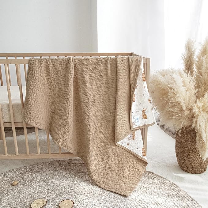 lulumoon Muslin Baby Blanket for Unisex: Cotton Baby Blanket with Bunny - Soft Breathable for Newborn Stroller & Daycare 47"x47" (Brown Bunny)