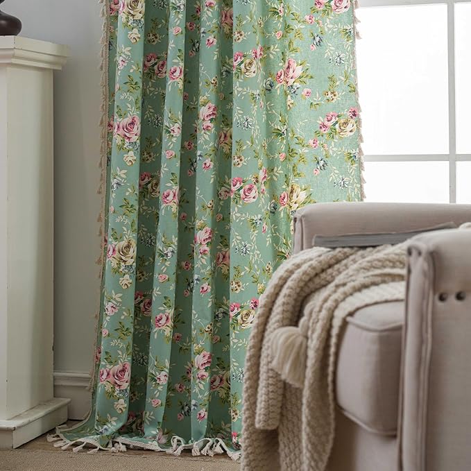 OYX Boho Curtains 63 Inch Length 2 Panels for Living Room, Bedroom Light Filtering Drapes, Farmhouse Vintage Country French Rustic Tassels Pattern Rod Pocket Aesthetic Decor Window Treatments