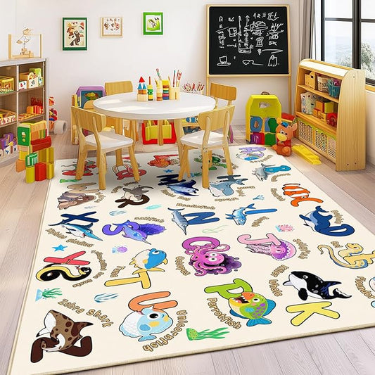 Kids Playroom Rug, 7x9 Feet Educational Rug for Learn The ABC Alphabet, Soft Machine Washable Non-Slip Cute Marine Organisms Carpet for Classroom Toddler Nursery Kids Room Decor, Beige