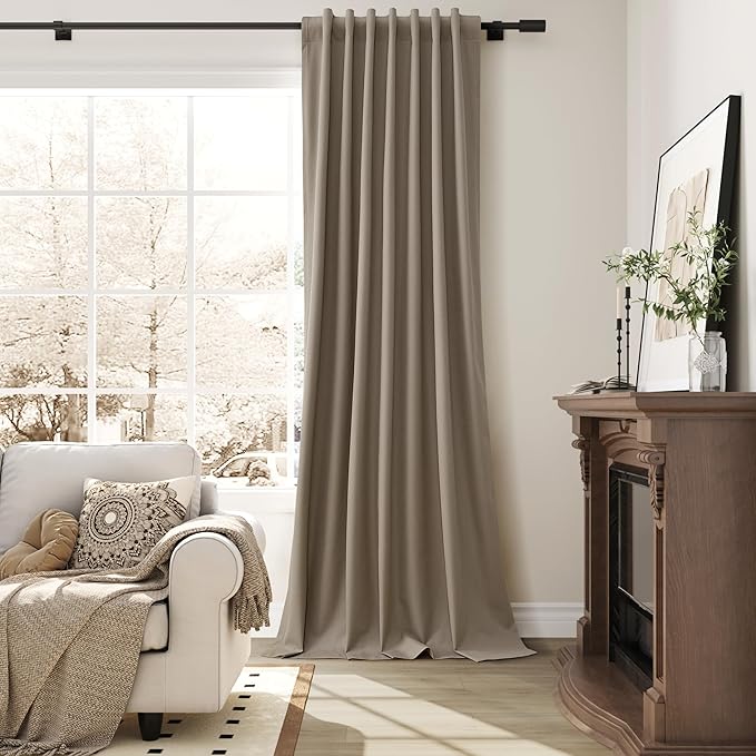 Guken Light Camel Linen Black Out Curtains 96 Inch Long 2 Panels Set Back Tab Light Blocking Thermal Insulated Soundproof Textured Curtain Hook Belt Living Room Dining Room Light Tan 52x96 8Ft