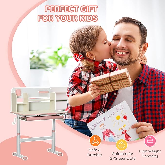Qaba Wooden Kids Study Desk, Height Adjustable Children School Study Table, Student Writing Desk with Tilt Desktop, Drawer, Storage Shelf, Pen Holder, Pink