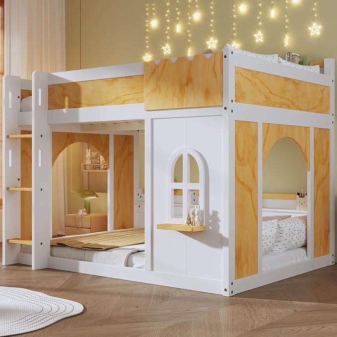 Full Over Full Bunk Bed with Storage Shelves and Window, Wood Bunk Bed Frame with 2 Doors for Kids Teens Adult Bedroom, No Spring Box Needed