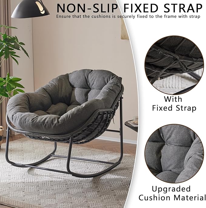 Oversized Outdoor Papasan Rocking Chair with Soft Cushion, Comfy Patio Egg Chair, Wicker Lounge Rocker for Balcony/Porch/Garden, Reinforced All Weather Rattan Frame, 330 lbs Support, Dark Grey
