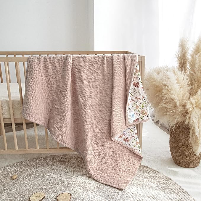 lulumoon Muslin Blanket Baby for Girls: Cotton Crib Blanket with Wildflowers - Soft Lightweight for Daycare 47"x47"（Sand Floral）