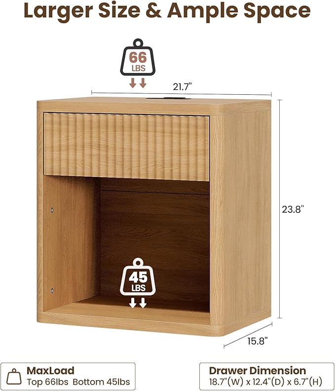 Fluted Nightstand Set of 2 with Charging Station, 21.7" Wide Modern Bedside Table with 1 Drawers Open Storage Cabinet, Wooden End Table for Bedroom, Natural Oak