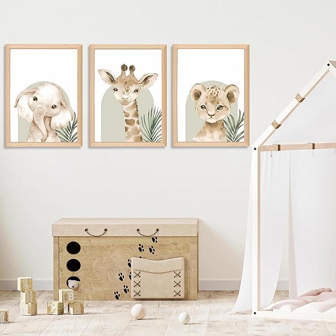 Framed Cute Animal Wall Art Nursery Decor Set of 3, Watercolor Elephant Giraffe Lion Canvas, Whimsical Wildlife Pictures Print, Nursery Wall Decor for Kids’ Bedroom Daycare – 16x24 inch