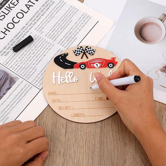 Baby Announcement Sign, 15cm/5.91in Wooden Hello World Newborn Bulletin Board with Pen Race Car & Checkered Flag Decor Welcome Birth Name Plaque for Home Hospital Nursery