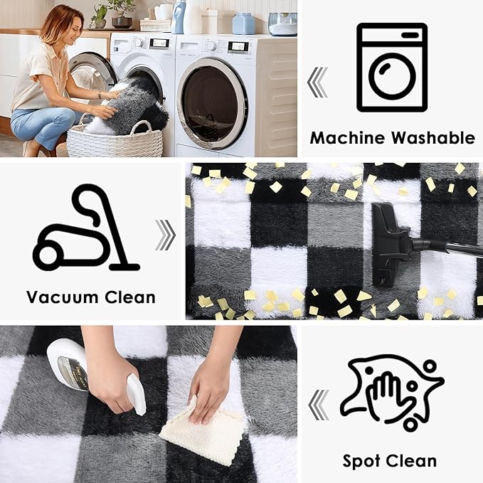 KICMOR Living Room Rugs 5x8, Fluffy Shag Fuzzy Plush Black White Grey Checkered Area Rug Furry Soft Shaggy Carpet for Bedroom, Indoor Floor Rugs for Kids Boys Girls Dorm Nursery Playroom Home Decor