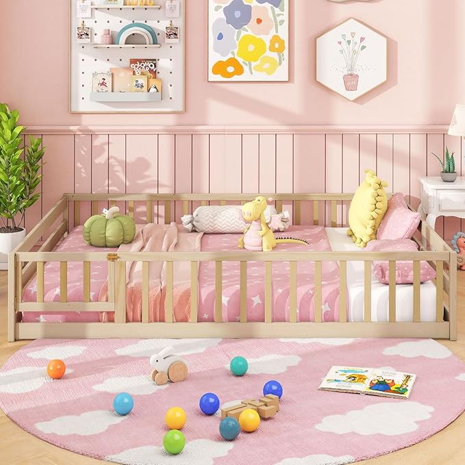 Giantex Full Floor Bed with Door & Fence, Kids Wood Montessori Beds with Safety Guardrails, Floor Bed Twin for Kids, Boys, Girls, No Box Spring Needed, Natural