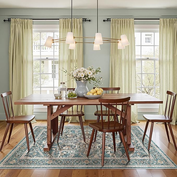 WITSHOCK 5x8 Teal Washable Area Rug for Living Room: Boho Soft Low Pile Carpet, Stain Resistant Foldable Floor Rug for Foyer Entryway Bedroom Dining Room Office Kitchen, Farmhouse Modern Home Decor