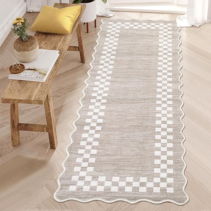 GarveeHome Hallway Runner Rug 2x6 Non Slip Scalloped Washable Rug for Kitchen Entry Stain Resistant Modern Border Throw Floor Carpet Long Runner Mat for Bathroom Living Room Bedside, Fog