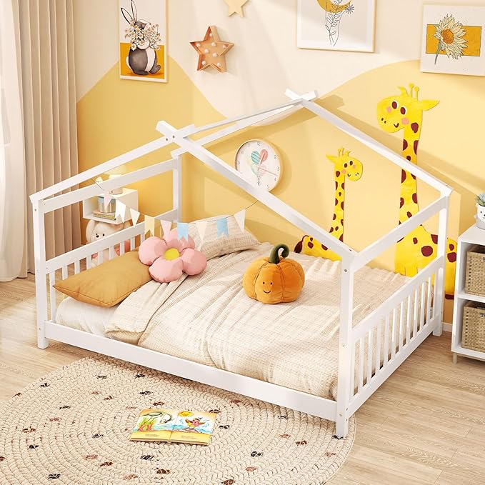 Giantex Full Size Floor Bed, Solid Wood Montessori House Bed with Roof, Headboard and Footboard, Low Full Bed Frame for Kids Teens Girls Boys, No Box Spring Needed, White