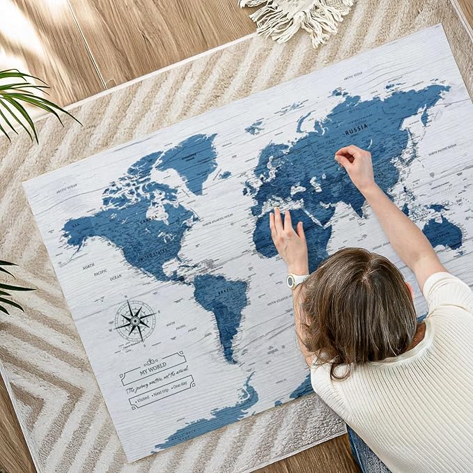 ElephantStock - My World Push Pin Map IV Wall Art - Horizontal Canvas Wall Art - Living Room Wall Decor - Unique Map Canvas Art - Blue And Decor - 48" x 32"