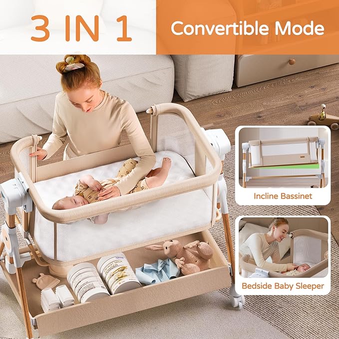 Baby Bassinet,Bedside Bassinet for baby, Rocking bassinet with Storage Basket and Wheels, Adjustable 6 Heights and All Mesh Sides,Portable Babys Bassinets Bedside Sleeper for Newborn Infant