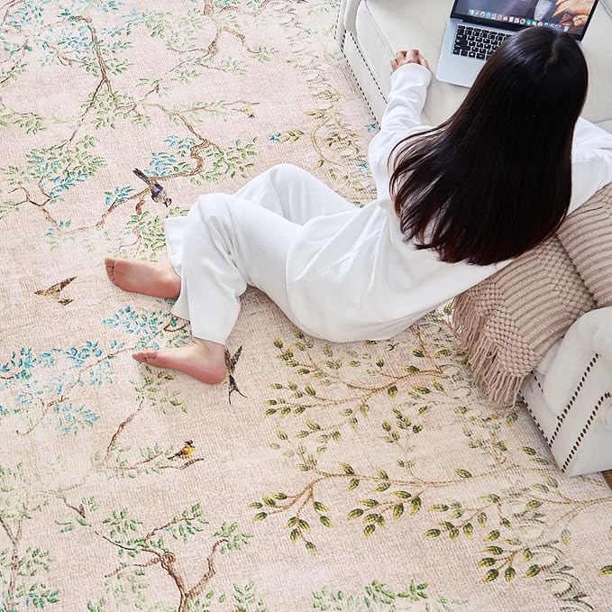jinchan Yarden Botanical Birds 5x7 Beige Area Rugs for Living Room Washable Non Slip Soft Nature Plants Modern Kids Carpet Vintage Ultra Thin Low Pile Indoor Rug for Bedroom Nursery Playroom