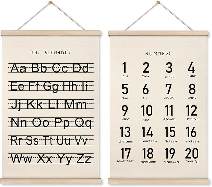 HRQKO Alphabet Numbers Poster Hanger Frame Set of 2, Nursery Wall Decor, Black ABC Poster Wall Art with Wooden Frames, Alphabet Banner Wall Hanging Decor for Boy Toddler Room Playroom, 16x24 inch