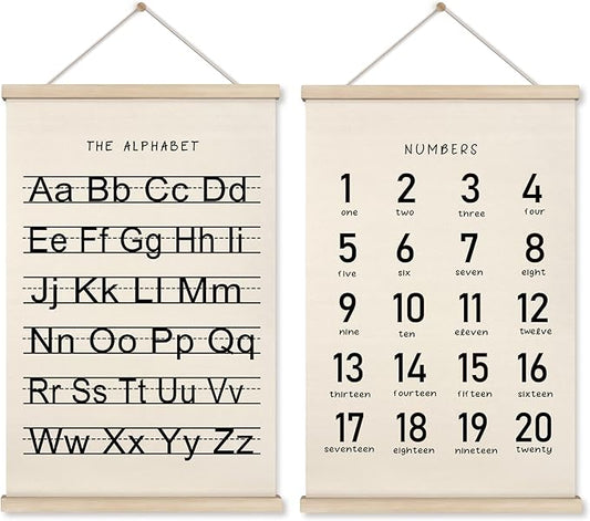 HRQKO Alphabet Numbers Poster Hanger Frame Set of 2, Nursery Wall Decor, Black ABC Poster Wall Art with Wooden Frames, Alphabet Banner Wall Hanging Decor for Boy Toddler Room Playroom, 16x24 inch