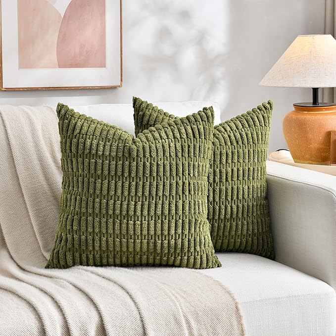 Fancy Homi 2 Packs Boho Moss Green Decorative Throw Pillow Covers 16x16 Inch for Couch Bed Sofa, Rustic Modern Farmhouse Home Decor, Soft Plush Corduroy Cute Square Cushion Case 40x40 cm