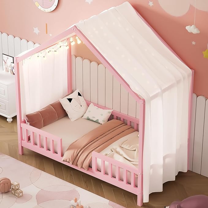 Bellemave Twin House BedFrame with Canopy, Montessori Floor Bed, House Bed with Rails for Kids, Pink