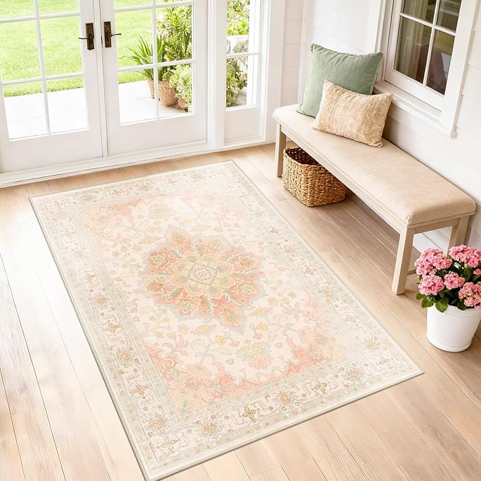 Machine Washable Rugs Nursery Rug 3x5 Cute Girl Non Slip Low Pile Water Repellent Soft Print Pattern for Bedroom Indoor Decor Kids Playroom Pinkgreen