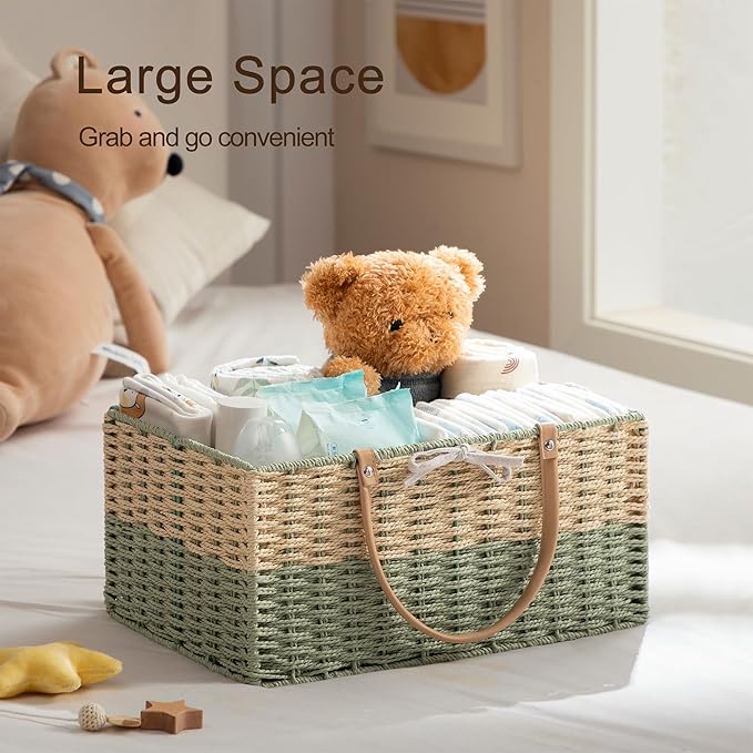 HBlife Large Diaper Caddy Organizer, Portable Paper Rope Woven Basket with Divider, Nursery Diaper Station Organizer, Baby Shower Gifts Basket & Car Organizer, Newborn Essentials