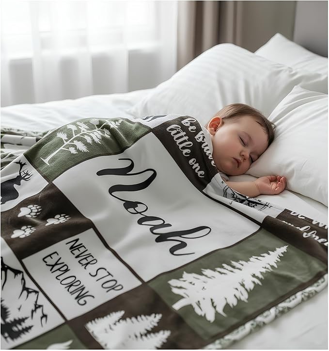 Personalized Baby Blankets with Name, Ships Next Day, Custom Baby Blanket with Letter Words, Soft Cozy Woodland Blankets, Gifts for Boys & Girls Kids Teen, Printed in USA