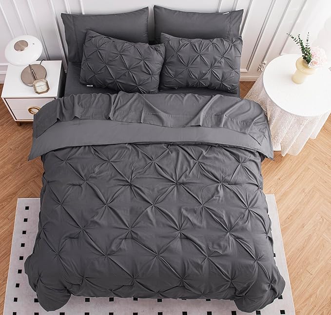 LANE LINEN Twin Comforter Set with Sheets, 5 Piece Bedding Set, Pintuck Design, Ultra Soft Comforter, Fluffy Twin Size Set with Pillowcases & Shams - Grey