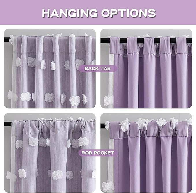 MYSKY HOME Lilac Curtains for Girls Bedroom Nursery Curtain with White Pom Pom Sheer Window Drapes Back Tab Room Darkening Double Layer 72 Inches Length 2 Panels, Light Purple, W52 X L72