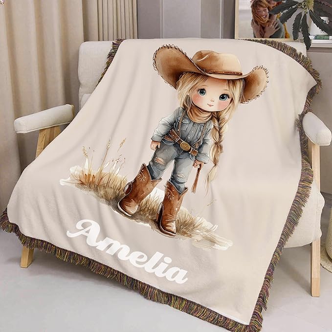 Western Cowboy Cowgirl Baby Name Blanket - Personalized Baby Blankets Nursery Decor - Custom Name Kids Throw Blanket for Girls Boys - Customized Western Cartoon Style Toddler Girl Birthday Gifts