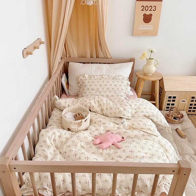 AOJIM Kids Muslin Duvet Cover with Azalea Pattern, Pure Cotton Floral Print Toddler Bedding Comforter Cover 1 Piece 47X59'', Ruffled Edges Crib Duvet Cover 2-Layer Muslin for Boys Girls, No Comforter