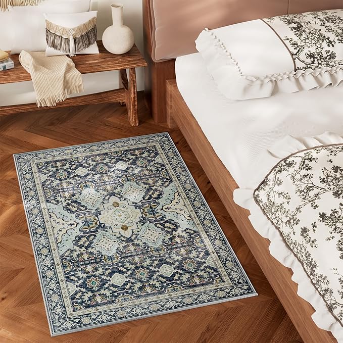 AMTOVO 2x3 Washable Entryway Area Rug Door Mat, Vintage Boho Distressed Print Pattern Non-Slip Carpet, Small Throw Rug for Indoor Entrance Kitchen Bedroom Bathroom Laundry Floor, Grayish Blue