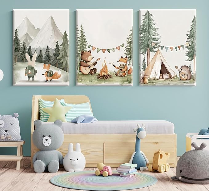 Woodland Animal Nursery Canvas Wall Art Fox Bear Rabbit Hedgehog Paintings Pictures Safari Nursery Wall Decor Forest Animals Camping Campfire Poster Print Artwork for Boys Kids Room Home Decoration